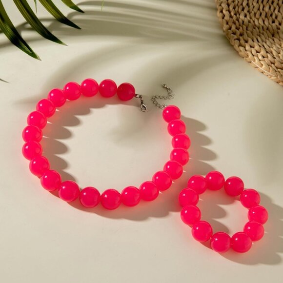 Women's Handmade Light Red Chunky Beaded Large Round Beads Bracelet Necklace - Picture 5 of 5